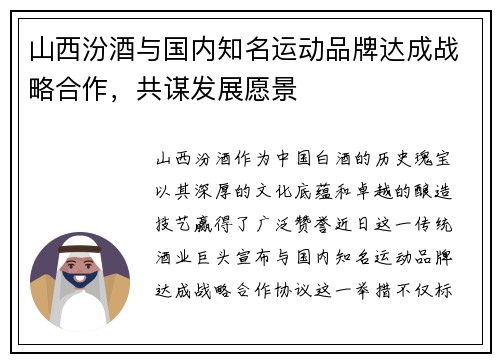 山西汾酒与国内知名运动品牌达成战略合作，共谋发展愿景