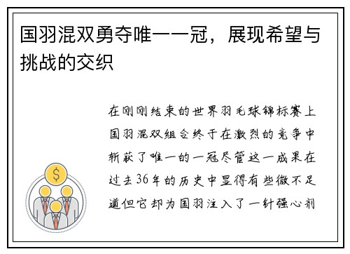 国羽混双勇夺唯一一冠，展现希望与挑战的交织