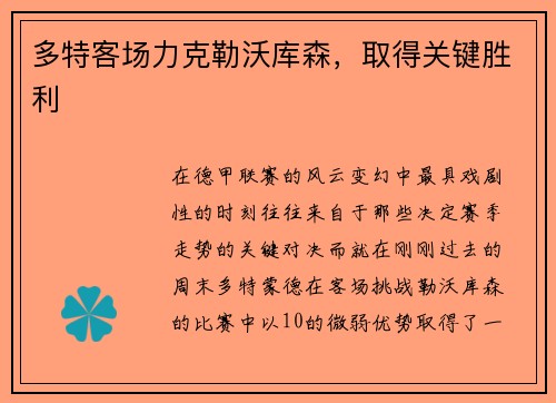 多特客场力克勒沃库森，取得关键胜利
