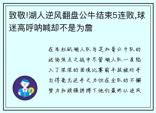 致敬!湖人逆风翻盘公牛结束5连败,球迷高呼呐喊却不是为詹