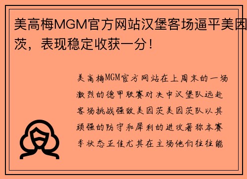 美高梅MGM官方网站汉堡客场逼平美因茨，表现稳定收获一分！